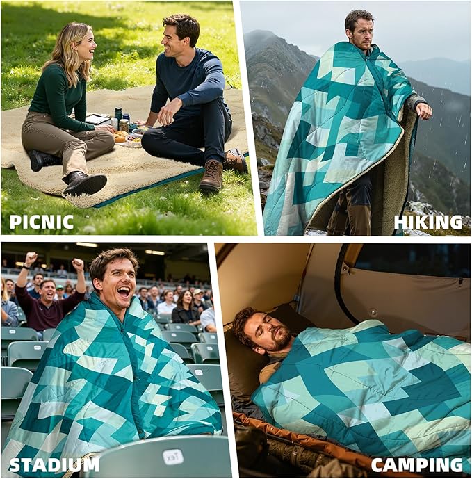 Outdoor Camping Blanket with Sherpa Lining, Extra Warm Thick Camp Blankets and Puffy Ultralight Soft Poncho DWR Camping Quilt for Cold Weather, Adventure, Sleeping, Backpacking 78"x 56"