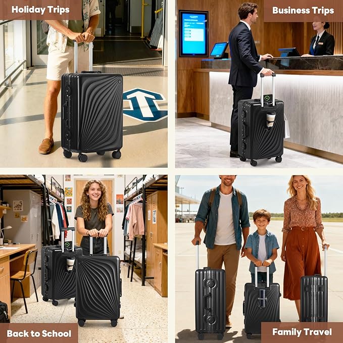 3-Piece Hardside Luggage Sets Aluminum Frame, 20+24+28 Inch Suitcases with USB Charging Port, Foldable Cup Holder, TSA Locks & Spinner Wheels for Travel, Black