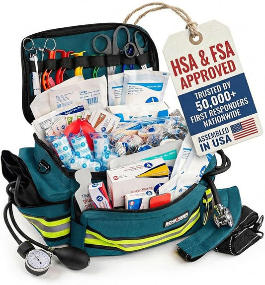 Scherber First Responder Fully-Stocked Professional Essentials EMT/EMS Trauma Kit | HSA/FSA Approved | Reflective Bag w/8 Zippered Pockets & Compartments & 200+ First Aid Supplies - Blue
