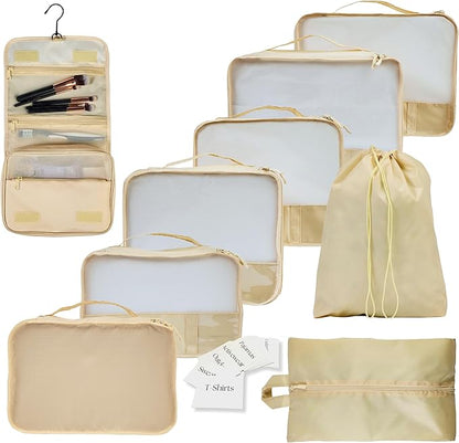 9 Set Packing Cubes - Suitcase Organizer, Cute Packing Cubes, Travel Bags Organizer for Luggage with Hanging Toiletry and Shoe Bag, Travel Essentials for Women, Men and Kids -Beige