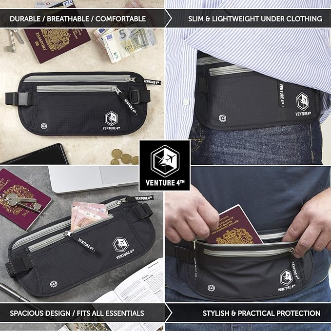 VENTURE 4TH Money Belt for Travel – Hidden Under-Clothes RFID Blocking Passport Holder & Slim Travel Wallet Pouch for Men & Women to Protect Cash, Cards & Documents (Black)