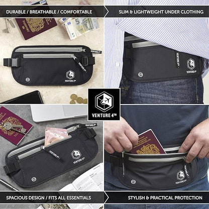 VENTURE 4TH Money Belt for Travel – Hidden Under-Clothes RFID Blocking Passport Holder & Slim Travel Wallet Pouch for Men & Women to Protect Cash, Cards & Documents (Black)