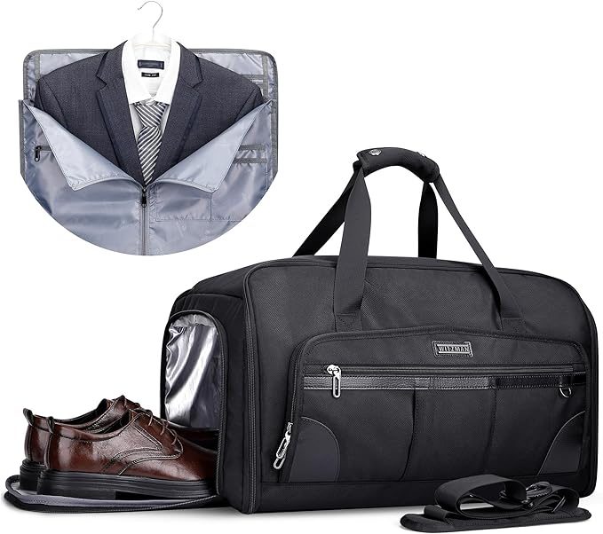 WITZMAN Garment Duffle Bags for Travel Mens Large Convertible Carry On Suit Garment Bag for Men Hanging Clothes with Shoe Compartment（B725 Black）