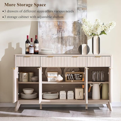 OKD Fluted Storage Cabinet with Drawers, 60" Morden Buffet Sideboard Coffee Bar Cabinet with 4 Doors and 3 Drawers for Dining Room, Living Room,Hallway (White Alder)