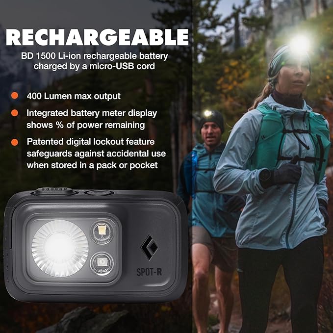 BLACK DIAMOND Spot 400-R Rechargeable Headlamp | 400 Lumens, Dimmable | Micro-USB Charging | Waterproof & Compact | Camping, Hiking, Running