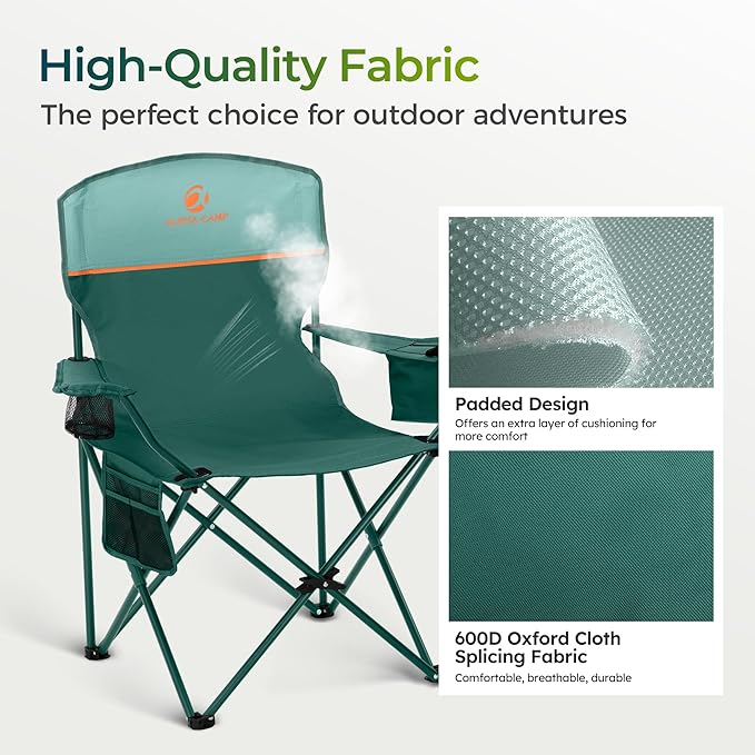 ALPHA CAMP Folding Camping Chairs for Adults Lawn Chairs Outdoor Chairs Support 250 LBS Portable Camp Chairs with Cup Holders Cooler Pouch for Outdoor, 2 Pack