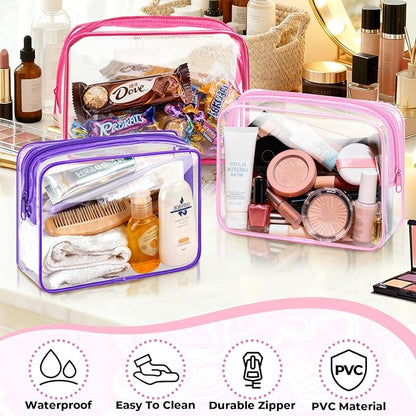 6 Pieces Clear Makeup Bags Bulk TSA Approved Toiletry Bag for Travel PVC Waterproof Clear Cosmetic Pouch with Zipper for Men and Women Carry-on Travel Essentials (Pink)