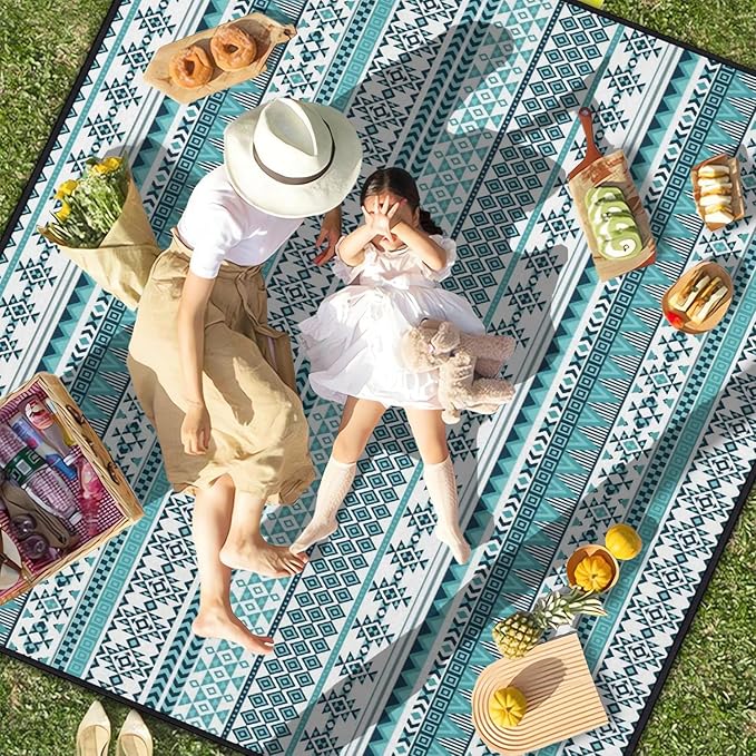 Extra Large Picnic Outdoor Blanket 60''x80'' Teal Blue Tribal Stripes Waterproof and Sandproof Picnic Mat for Beach Foldable Camping Accessories for Grass Lawn Park