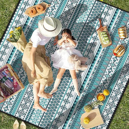 Extra Large Picnic Outdoor Blanket 60''x80'' Teal Blue Tribal Stripes Waterproof and Sandproof Picnic Mat for Beach Foldable Camping Accessories for Grass Lawn Park