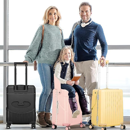 smilesun 22" Carry On Luggage with Seat For Kids & Adults，Hardside Ride On Suitcase Front Opening with 360°Spinner and TSA Lock For Travel (White with Front Open, 22")