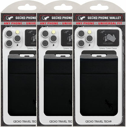 Gecko Travel Tech Double Pocket - Adhesive Card Holder - Cell Phone Pouch - Stick on Spandex Pocket - Carry Credit Cards and Cash (3 PACK - BLACK BLACK)