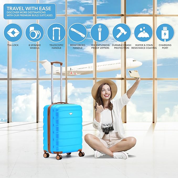 Flight Knight 24x16x10 Expandable Carry On Suitcase Hardside TSA Lock USB C Lightweight Luggage Silent Double Spinner Wheels Maximum Overhead Carry-On Bag For Virgin & South West Approved Airlines
