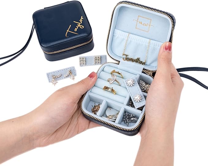 Angelina's Palace Personalized Jewelry Case with Name Engraved,Custom Leather Travel Jewelry Organizer Box for Rings,Earrings,Necklaces,Birthday Bridesmaid Gift For Women