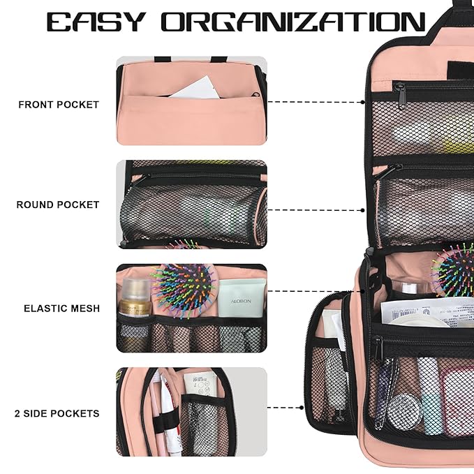 Goloni Hanging Toiletry Bag with Hook, Large Makeup Bag Travel Organizer, Water-Resistant Hanging Cosmetic Bag with 10 Compartments for Women & Men,Pink