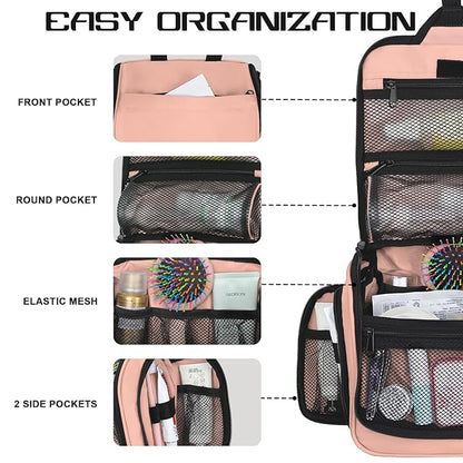 Goloni Hanging Toiletry Bag with Hook, Large Makeup Bag Travel Organizer, Water-Resistant Hanging Cosmetic Bag with 10 Compartments for Women & Men,Pink