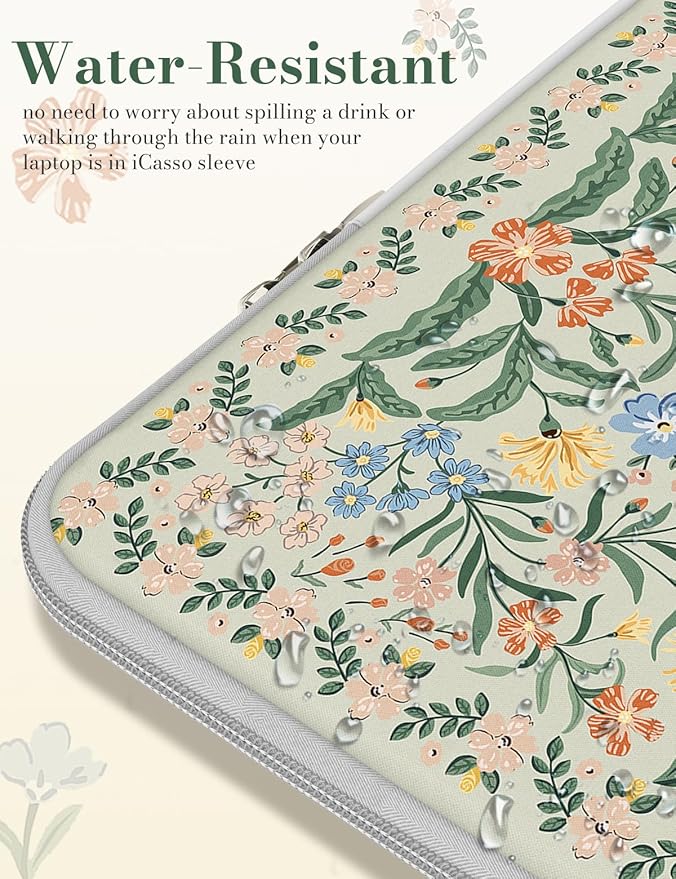 iCasso Laptop Sleeve 13 inch for MacBook Air 13-13.6 inch, Cute Laptop case for MacBook Pro 13 inch, Slim Protective Travel Carrying Case for MacBook Pro 14 inch, Chromebook, HP, Green Boho Floral