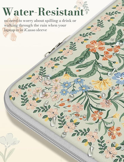 iCasso Laptop Sleeve 13 inch for MacBook Air 13-13.6 inch, Cute Laptop case for MacBook Pro 13 inch, Slim Protective Travel Carrying Case for MacBook Pro 14 inch, Chromebook, HP, Green Boho Floral