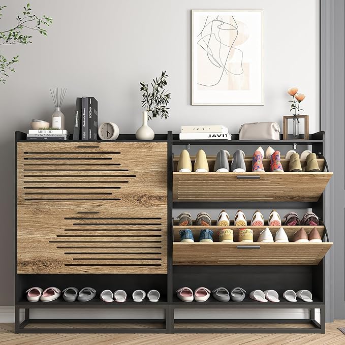 Spaco Shoe Cabinet for Entryway,Narrow Shoe Storage Cabinet with 2 Flip Drawers,Slim Hidden Shoe Rack Organizer with Metal Leg for Hallway