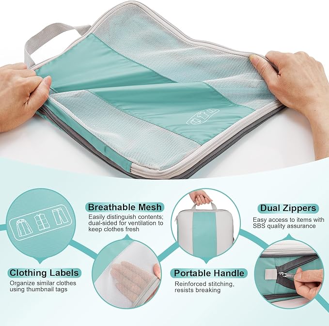 8 Set Compression Packing Cubes for Travel Essentials,Compressible Expandable Packing Cubes for Suitcase,OlarHike Luggage Organizer Bags for Travel,Handy Helper for Organizing Clothes(Cyan)