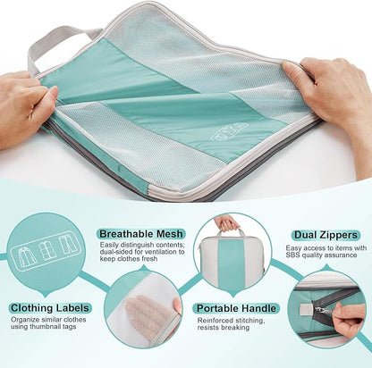 8 Set Compression Packing Cubes for Travel Essentials,Compressible Expandable Packing Cubes for Suitcase,OlarHike Luggage Organizer Bags for Travel,Handy Helper for Organizing Clothes(Cyan)