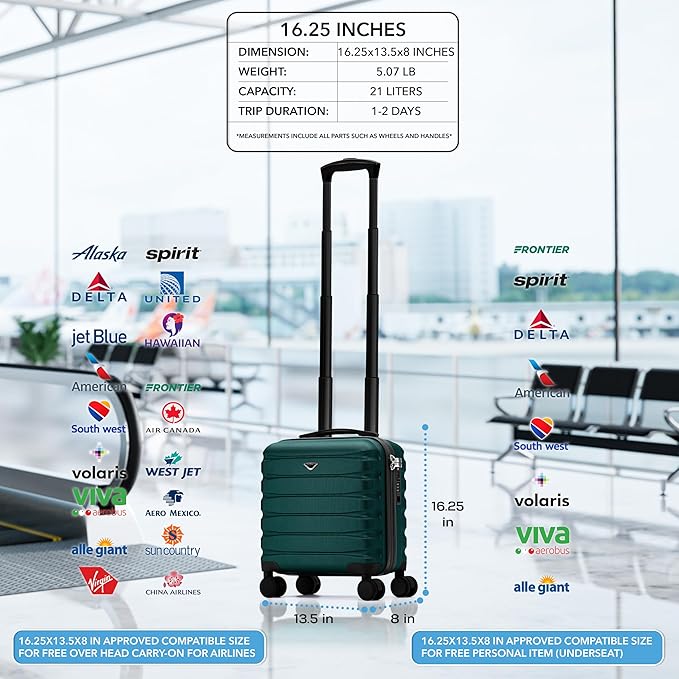Flight Knight Carry On Suitcase 16.25x13.5x8 Hardside TSA Lock & USB Port Lightweight Luggage Silent Double Spinner Wheels Maximum Underseat Carry-On Bag For Virgin & South West Approved Airlines