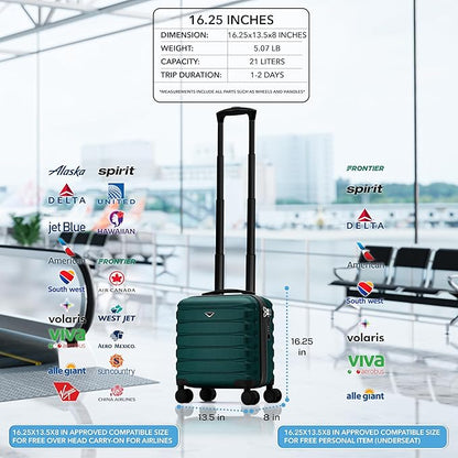 Flight Knight Carry On Suitcase 16.25x13.5x8 Hardside TSA Lock & USB Port Lightweight Luggage Silent Double Spinner Wheels Maximum Underseat Carry-On Bag For Virgin & South West Approved Airlines