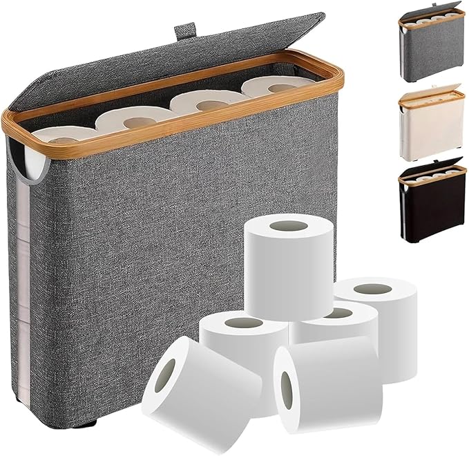 Toilet Paper Roll Storage, Bathroom Slim Toilet Paper Storage with Lid for 12 Rolls, Ultimate Bathroom Organizer with Anti-Slip Base, 17.8" x 6" x 13.8", Grey