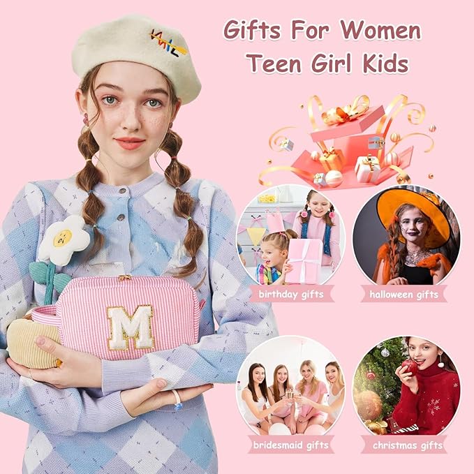 YOOLIFE Initial Cosmetic Bag for Women - Monogram Cute Pink Makeup Bag Cosmetic Toiletry Pouch Make Up Case for Women Her Best Friend Friendship Sister Teacher, Personalized Birthday Gifts for Women I