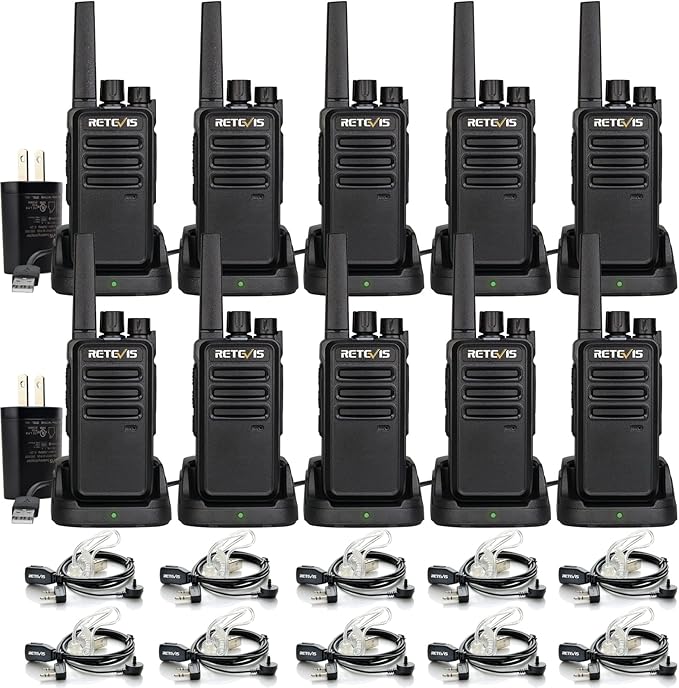 Retevis RT68 Two-Way Radios Long Range, Walkie Talkies for Adults, 2 Way Radio with Earpiece, Walkie Talkie Rechargeable with Charging Base, for Manufacturing Restaurant Business School(10 Pack)