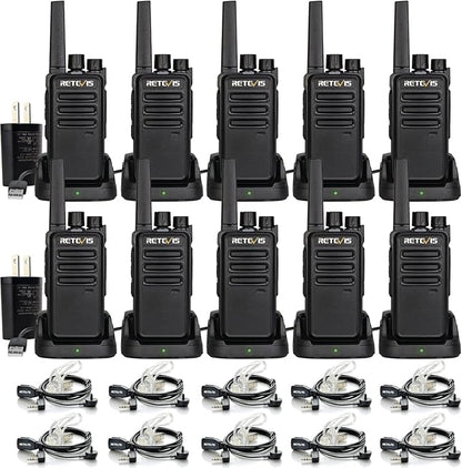 Retevis RT68 Two-Way Radios Long Range, Walkie Talkies for Adults, 2 Way Radio with Earpiece, Walkie Talkie Rechargeable with Charging Base, for Manufacturing Restaurant Business School(10 Pack)