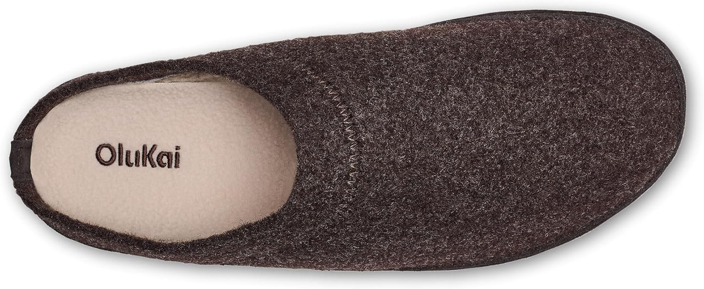 OLUKAI Hamani Hulu Men's Wool Mule Slippers, Soft & Comfortable Slippers with Premium Materials, Sheepskin Shearling & Italian Felt, All-Day Wear, Dark Java/Dark Java, 7