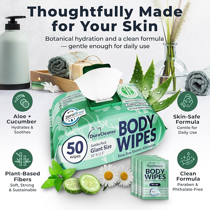 Body Wipes for Women, Extra Moist No Rinse Bathing Wipes (2pk), 100 XL Shower Cloths + 8 Deodorizing Bath Cloths - 10" x 11.5"" Travel Size After Gym Cleaning Essentials, Toiletries for Womens Hygiene
