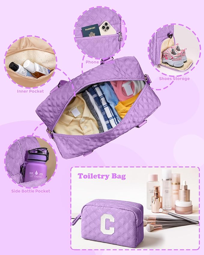 Initial Travel Duffle Bag Women Girls Gift: Personalized Weekender bags, Dance Cheer bag Sports for Girl, Kid Gymnastics Bags, Birthday Gifts for Women Girls Kids Teens Mom Teacher