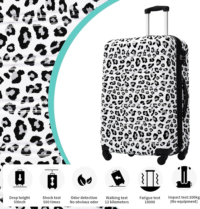 Merax Leopard Print Luggage Sets, 3 Piece Expandable Suitcase Set with Spinner Wheels,Large Checked Travel Suitcases and Carry On Travel Luggage, 100% PC, TSA Lock,White+Black(20in/24in/28in)