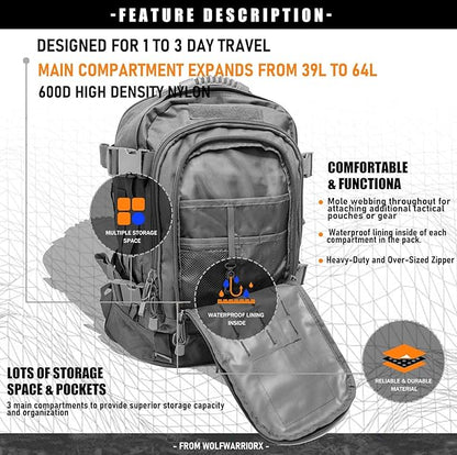 Tactical Backpack Military Army Daypack - Assault Pack for Men Molle Backpacks Bug Out Bag 3 Day Pack for Hiking Camping Travel Hunting Rucksack Trekking Grey