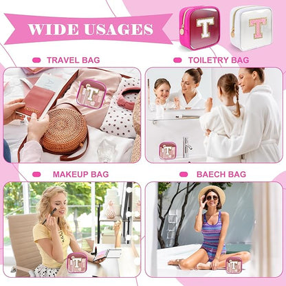 Personalized Initial Letter Clear Preppy Makeup Bag,Mini Nylon Chenille Letter Cosmetic Bag Cute Zipper Pouch Coin Purse for Teen Girls,Portable TSA Approved Travel Essentials Bag Gift for Women,T