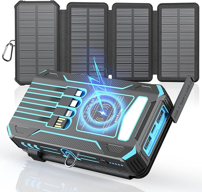Solar Charger Power Bank 49800mAh With Built-in Cables, 12W QC3.0 Fast Charging, Wireless Portable Phone Charger for iPhone Samsung, Battery Pack With 4 Solar Panel , USB-C, Flashlight for Outdoor