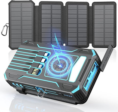 Solar Charger Power Bank 49800mAh With Built-in Cables, 12W QC3.0 Fast Charging, Wireless Portable Phone Charger for iPhone Samsung, Battery Pack With 4 Solar Panel , USB-C, Flashlight for Outdoor