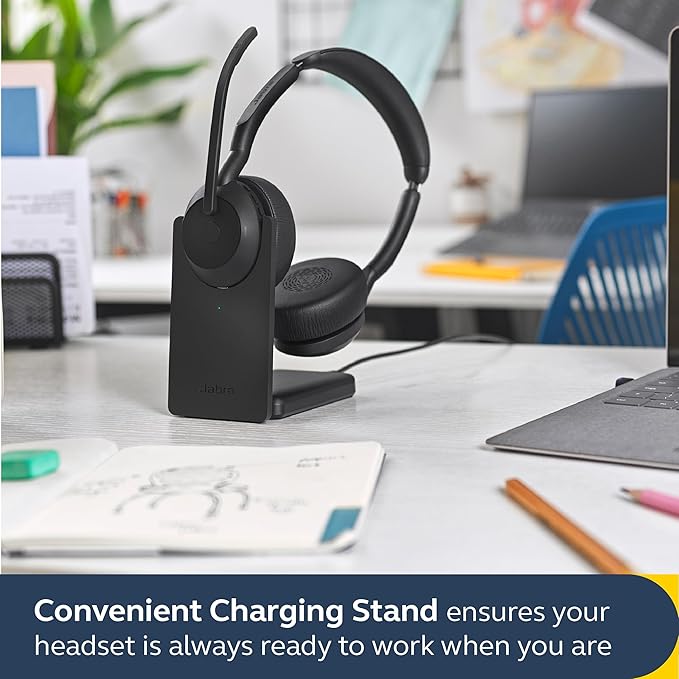 Jabra Evolve2 55 Stereo Wireless Headset with Charging Stand AirComfort Technology, Noise-Cancelling Mics & Active Noise Cancellation - MS Teams Certified, Works with Other Platforms - Black
