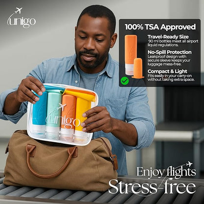 unigo Travel Bottles For Toiletries, TSA Approved Containers, Travel Size Toiletries, Shampoo and Conditioner Bottles, Leak Proof and Refillable Bottles, BPA Free, Extra Bottle Covers (Multicolor B)