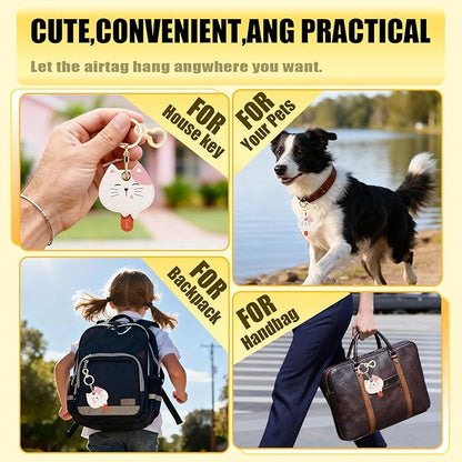 Leather Keychain for Airtag, Cute Protective Keychain Holder Compatible with Apple Air Tag,GPS Item Tracker Case Cover for Keys,Bags,Pets,Luggage(Cat)