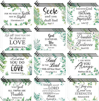 Hillban 36 Pcs Christian Gifts for Women Christian Makeup Bag Bible Verse Cosmetic Bag Inspirational Pencil Case with Zipper Green Leaves Travel Organizer Pouch for Cosmetics Makeup Brushes, 12 Styles