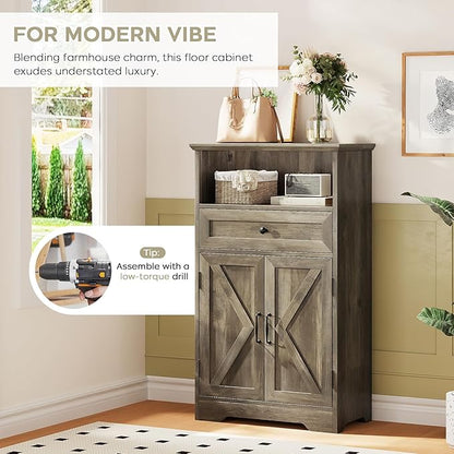 Floor Cabinet, Farmhouse Storage Cabinet with Barn Doors and Drawer, 11.81" D x 23.62" W x 39.37" H Grey Freestanding Adjustable Shelf Organizer for Bathroom, Kitchen, Living Room