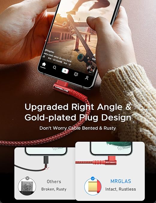 MRGLAS 3.2A USB C Charger Cable,[2-Pack,6.6+6.6FT] USB A to USB C Right Angle Gold-Plated Type C Charger Fast Charging Durable Braided Cord for iPhone 17 16 15 Samsung S10 S9 Note 10 S21 LG-Red