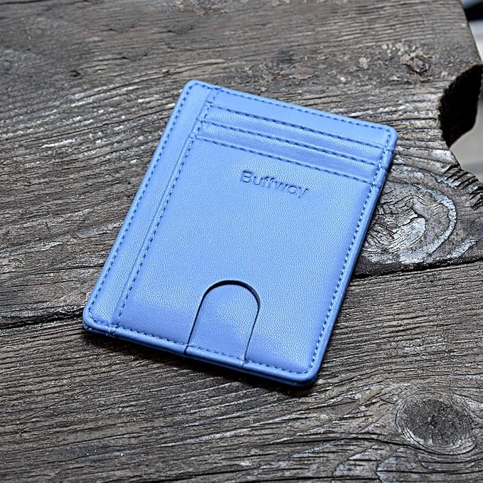 Buffway Slim Minimalist Front Pocket RFID Blocking Leather Wallets for Men and Women - Sand Wathet Blue