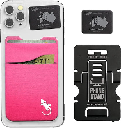 Gecko Travel Tech Double Pocket - Adhesive Card Holder - Cell Phone Pouch - Stick on Spandex Pocket - Carry Credit Cards and Cash (PINK-WHITE)