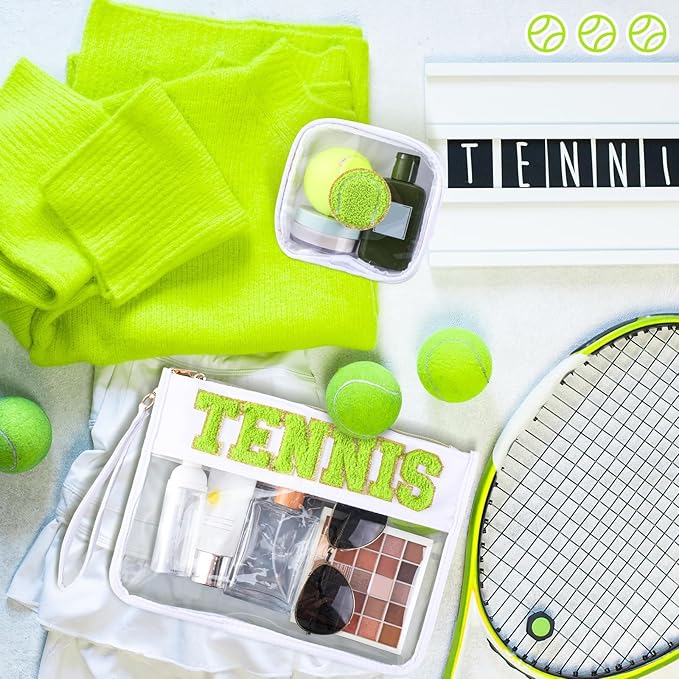 2 Pcs Tennis Gifts Cosmetic Makeup Bag with Chenille Letter Patch,with Handles PVC Waterproof Clear Makeup Bag,Portable Toiletry Storage Bag,Players & Fans Birthday, Team or Sports Lover Presents