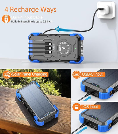 Solar Charger Power Bank, 42800mAh Wireless Portable Charger with USB-C in/Output, QC3.0 Fast Charging 15W 4 Ports Outdoor Battery Pack Built-in LED Flashlight, for iPhone, Galaxy, iPad etc