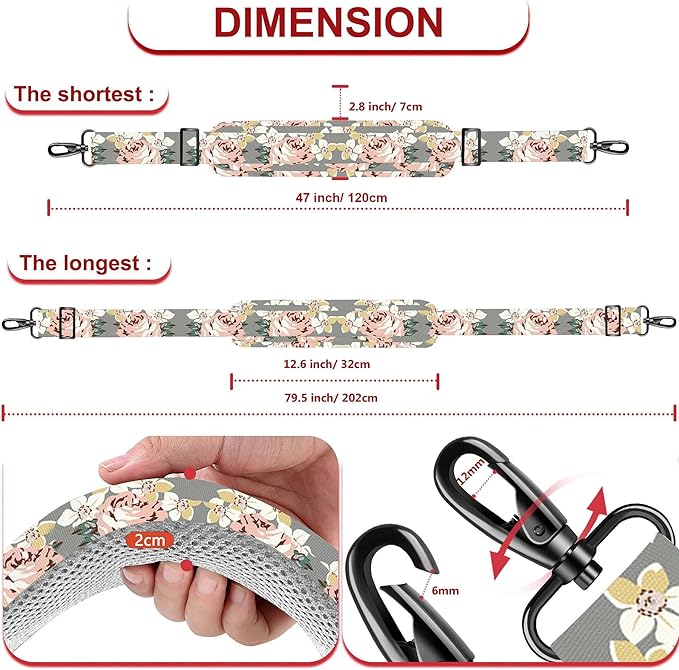 ZINZ 79.5" Universal Strap with Ultra-Thick Fixed Breathable Pad - Adjustable Heavy-Duty Shoulder Strap for Laptop, Crossbody, Luggage, Gym, Camera Bag and More,Gray Flower