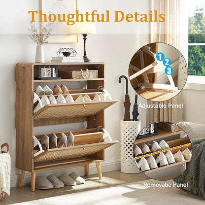 Rattan Shoe Cabinet with 2 Flip Drawers, 32 Pairs Narrow Shoe Storage Cabinet for Entryway Freestanding Hidden Shoe Rack, Modern Slim Wood Shoe Organizer for Hallway, Natural